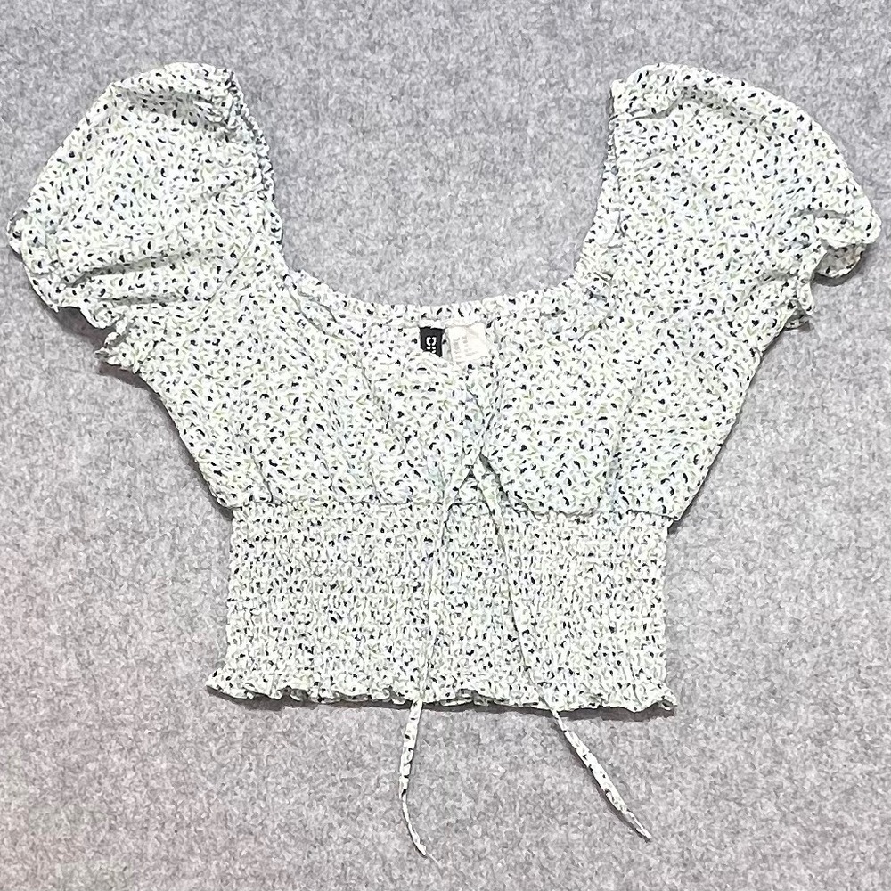 H&M Divided Floral Smocked Crop Top Blue Green Puff Sleeve Square Neck XS